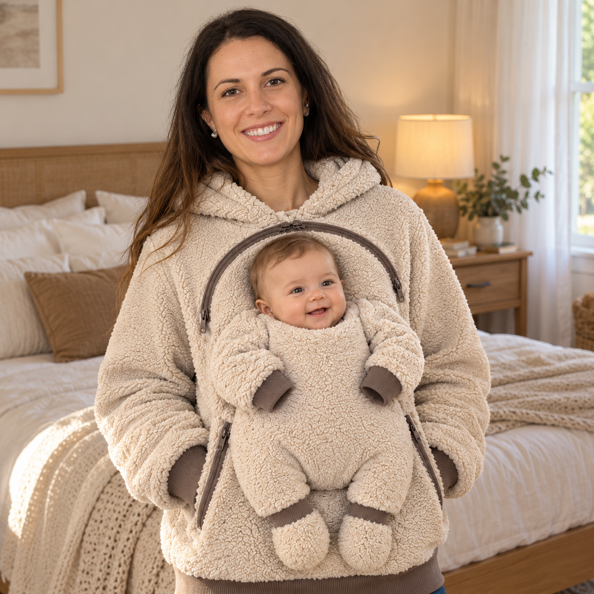 Mother and baby cosy together in the teddy fleece Nest Hoodie