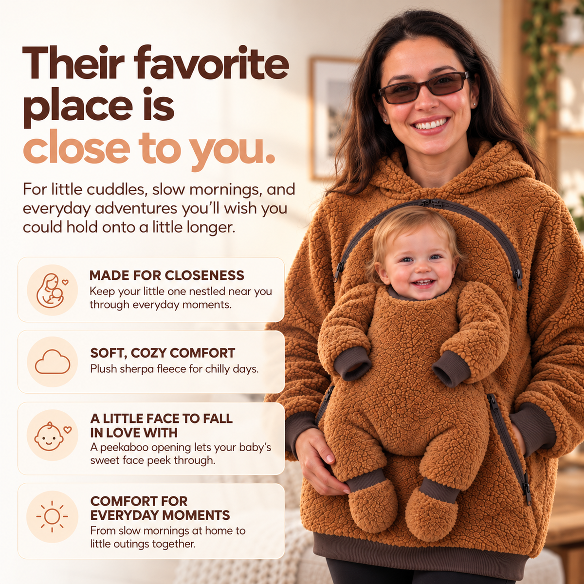 Baby snuggled against mum's chest in the brown Nest Hoodie