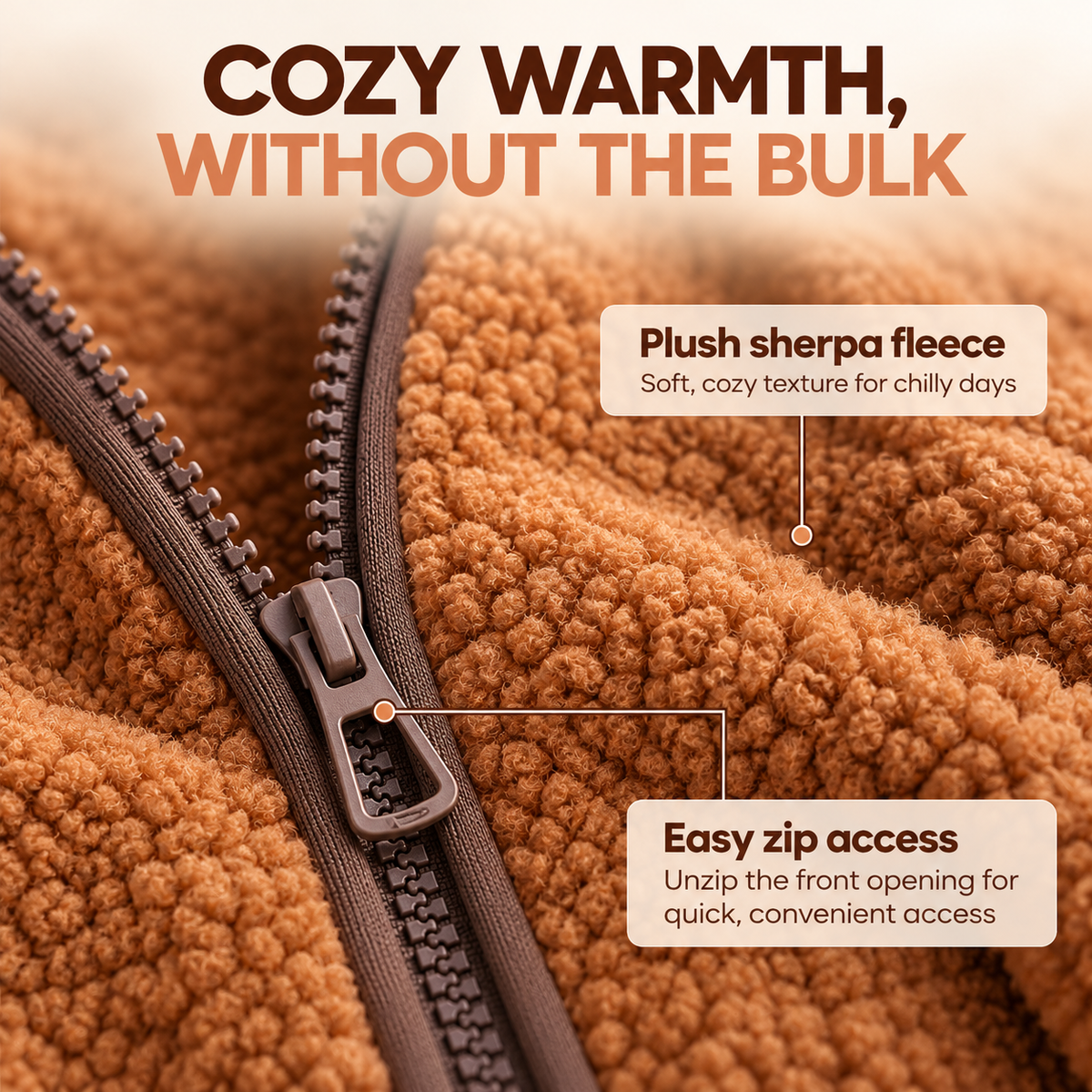 Close-up of the soft teddy fleece and arch zip on the Nest Hoodie