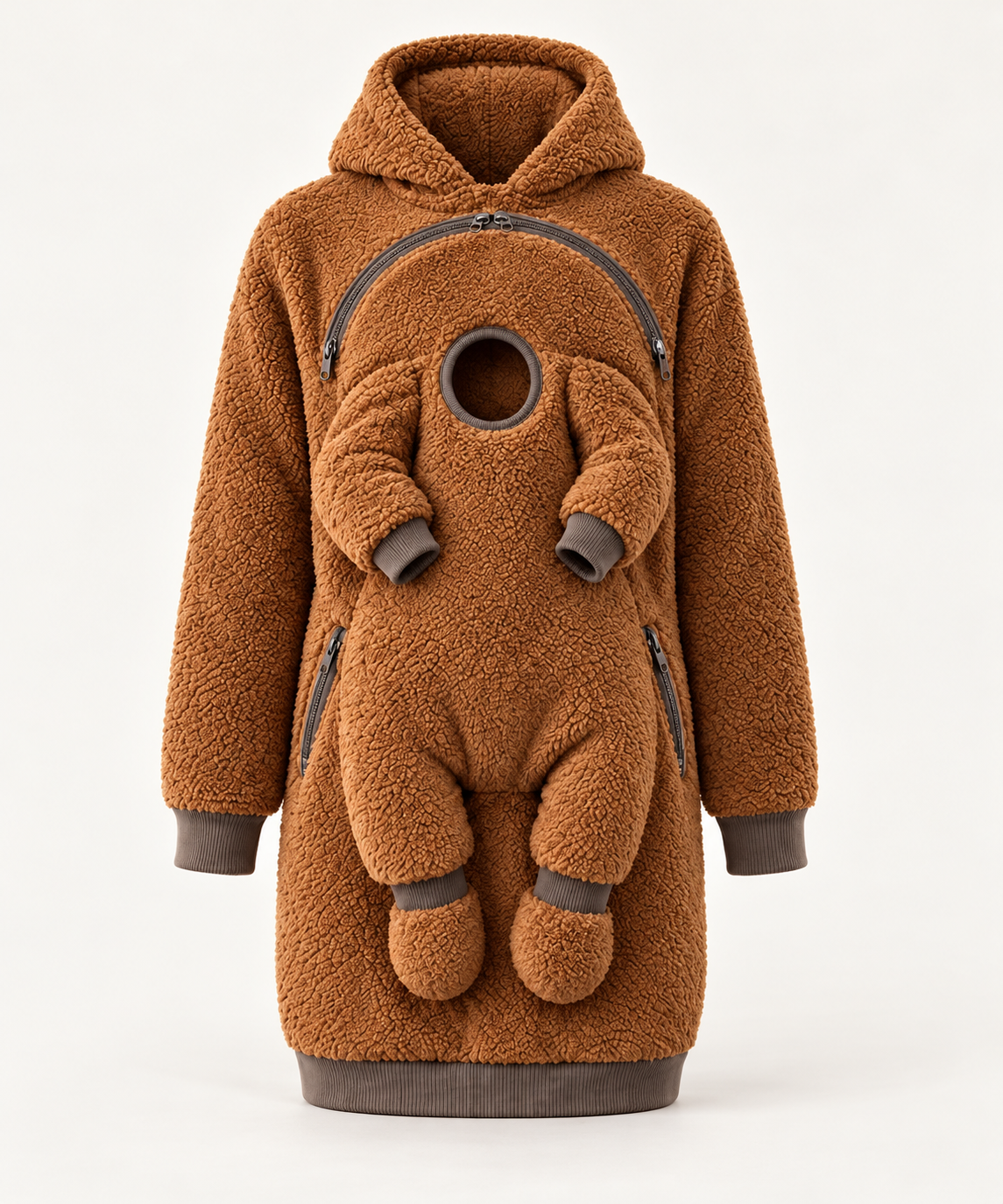 Brown teddy fleece Nest Hoodie with baby pouch