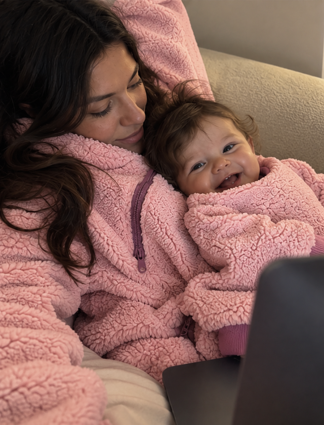 Mum and baby in the pink teddy fleece Nest Hoodie