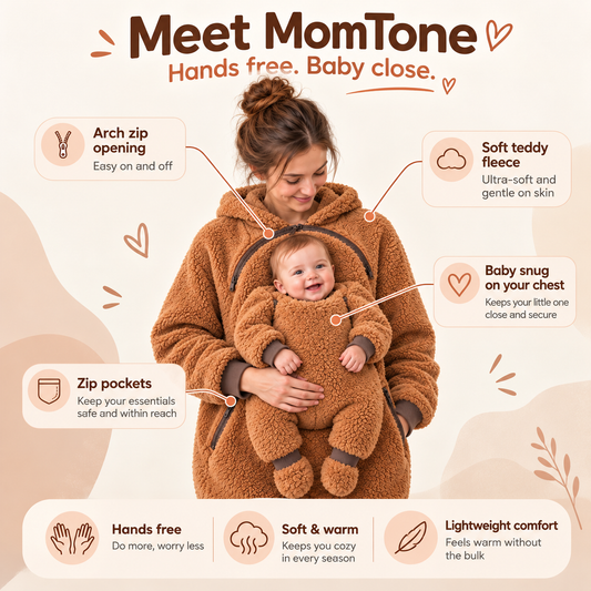 Mum wearing the brown MumTone Nest Hoodie with her baby snug in the built-in pouch