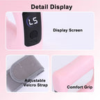 Labelled detail view: display screen, velcro strap, comfort grip and USB-C port