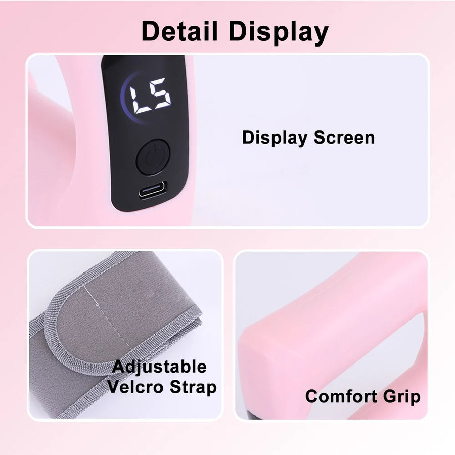 Labelled detail view: display screen, velcro strap, comfort grip and USB-C port
